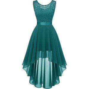 BeryLove Women Peacock Green Chiffon Scoop Neck Sleeveless Lace Cocktail Dresses
